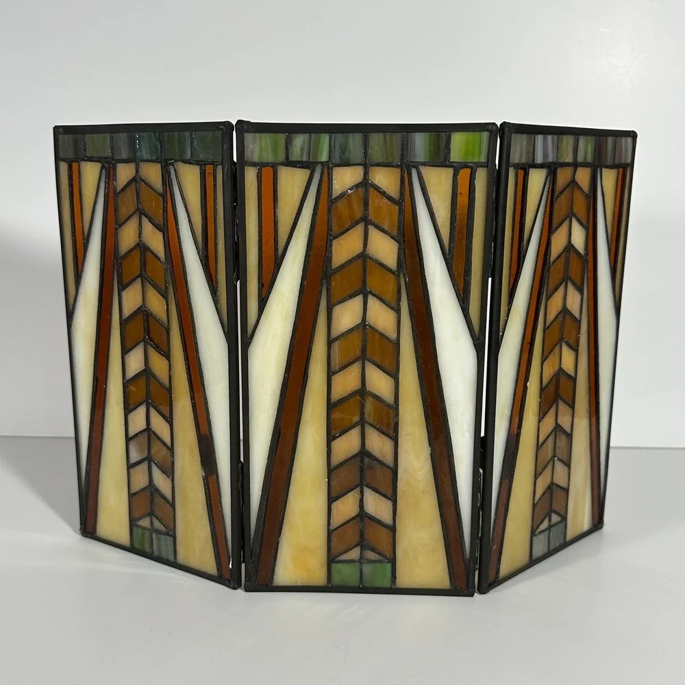 PARTYLITE THREE PANEL STAINED GLASS VOTIVE FRANK LLOYD WRIGHT PRARIE CRAFTSMAN